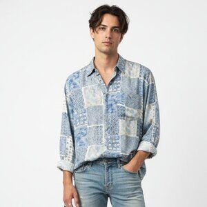 Vintage Spring Italy Shirt Button Down Blue Silk Patchwork Indie Casual L